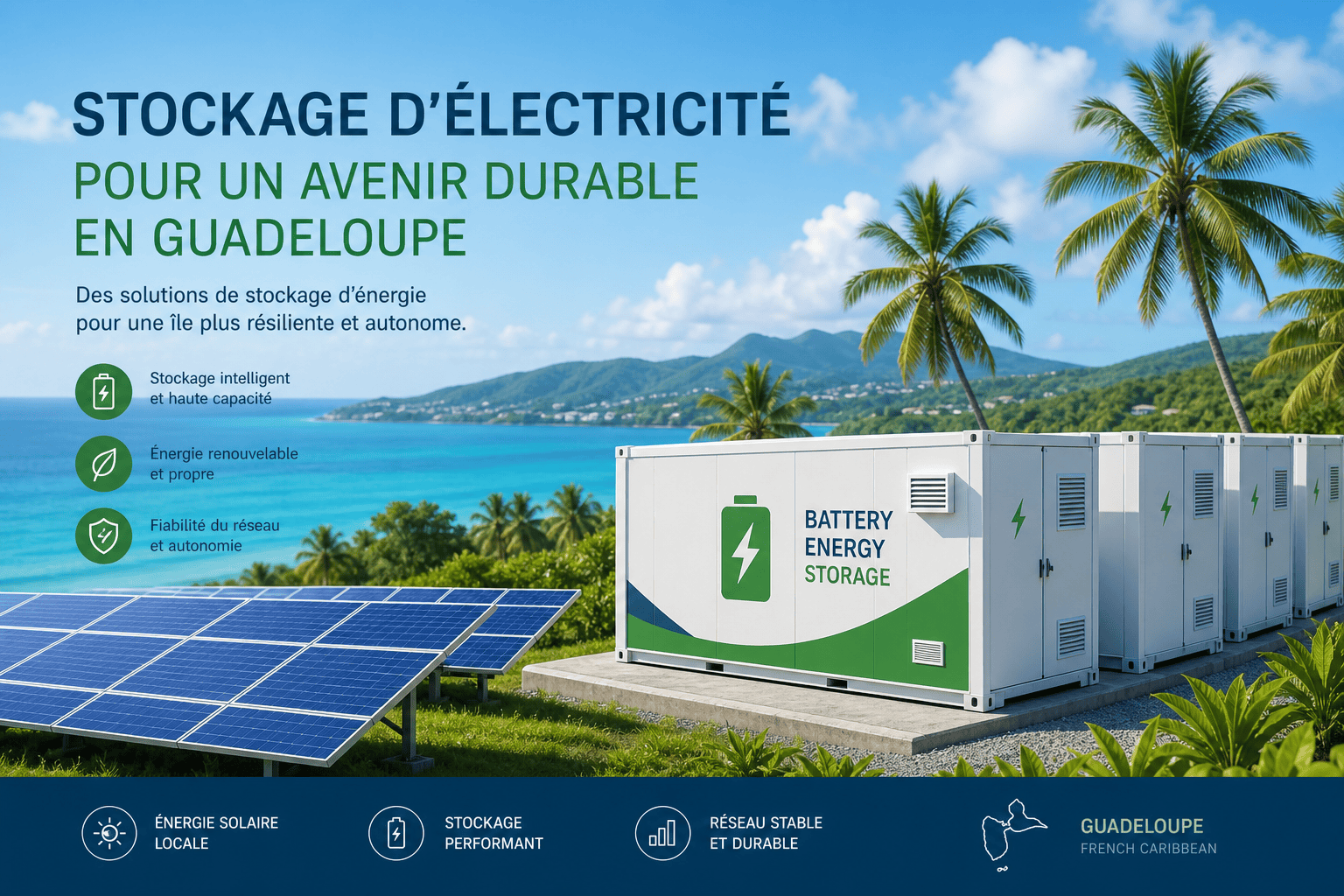 stockage électricité Guadeloupe : centrales de stockage et énergie solaire