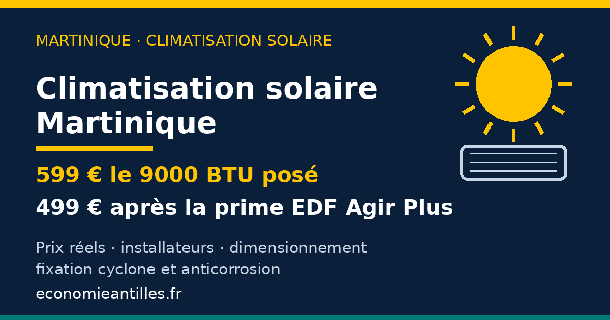 Climatisation solaire Martinique : 599 € le 9000 BTU posé, 499 € après la prime EDF Agir Plus